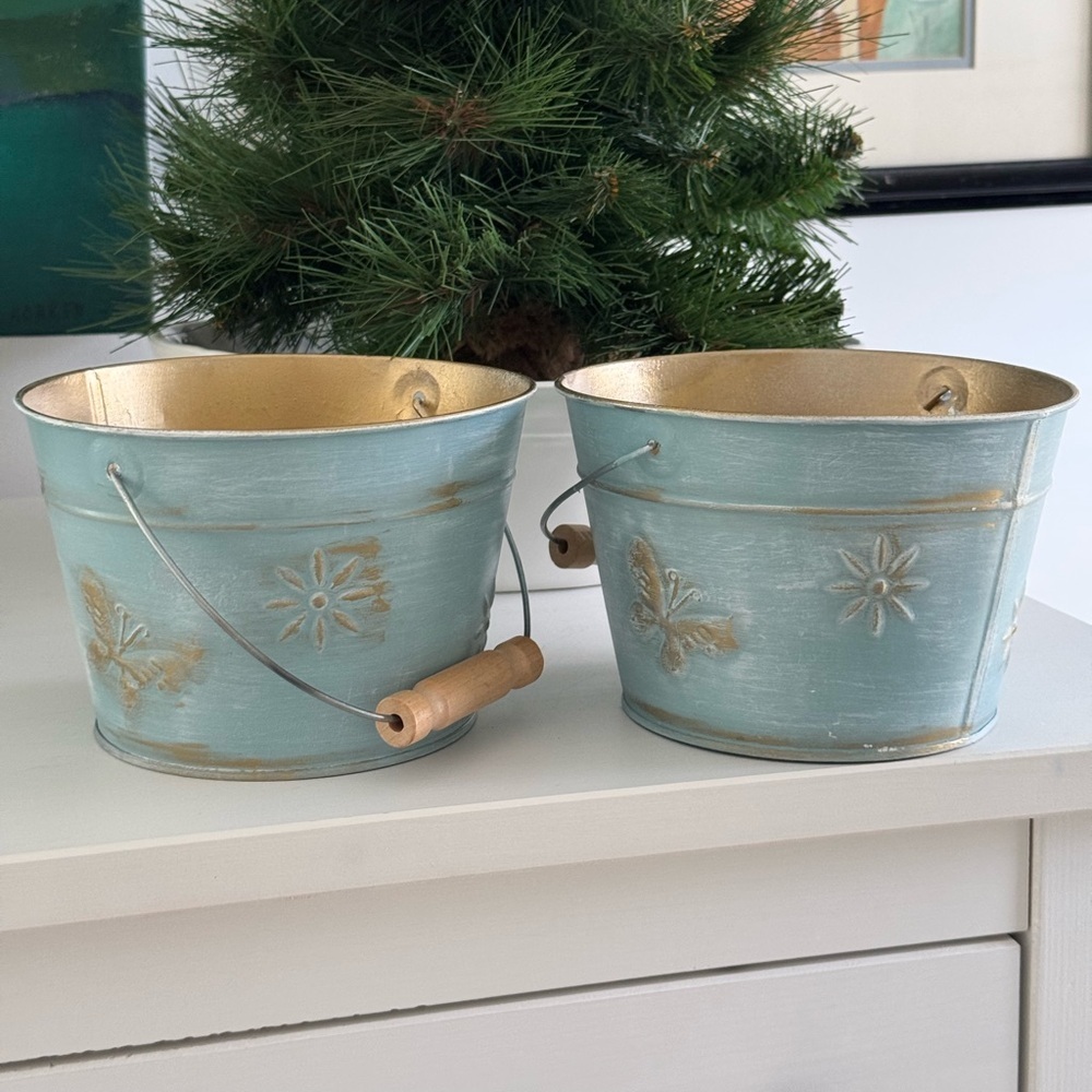 Blue Metal Buckets with Gold Accents and Gold Inside Decorative Use (2)